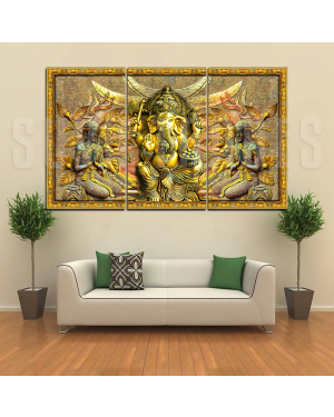 3 Piece Panel Golden Ganesh Wall Hang God Canvas Art with Frame by Om Suva Trades