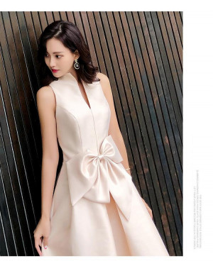 Chic Elegant Champagne Color Silk Bottle Neck Flare Sleeveless Short Party Dress Free Size 41000225