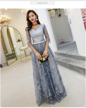 Chic Elegant Lace V Neck Half Sleeve Double Layer Hollow Long Party Dress Free Size 41000227