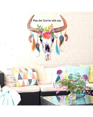 Cow Skull With Feathers Beads Flowers Leaves Wreath Wall Stickers 43001351 
