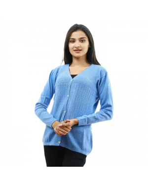 Sky Blue Woolen Full Sleeve Front Button Design Sweater For Women