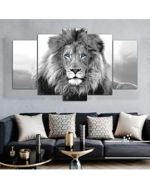 5 Piece Panel Blue Eyes B/W Lion Wall Hang Animal Canvas Art on Vinyl Forex Print with Frame by Om Suva Trades