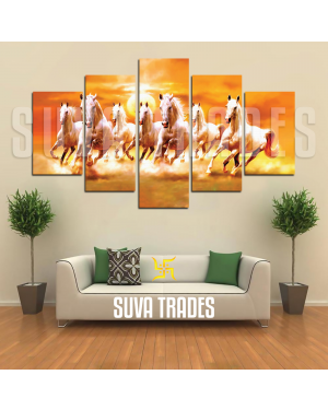 5 Piece Panel 7 Horse Wall Hang Animal Canvas Art on Vinyl Forex Print with Frame by Om Suva Trades