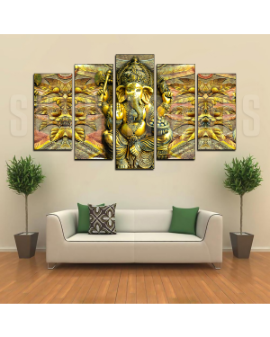 5 Piece Panel Golden Ganesh Wall Hang God Canvas Art on Vinyl Forex Print with Frame by Om Suva Trades