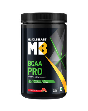 MuscleBlaze BCAA Pro, Powerful Intra Workout, with 7g Vegan BCAAs, 1168.50 mg Electrolytes, 2.50 g Glutamine (Watermelon, 450 g, 30 Servings)