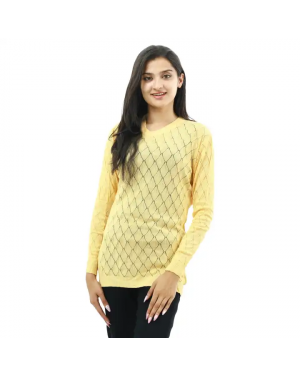 Yellow Woolen Round Neck Full Sleeve T-shirt For Women