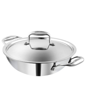 Vinod Coookware Platinum Triply Stainless Steel Kadai with Stainless Steel Lid 3.2 litres Capacity (26 cm Diameter) | 3.2 L Triply Stainless Steel Kadai - Silver (Induction and Gas Stove Friendly)