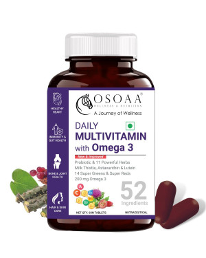 OSOAA Daily Multivitamin with 200mg Omega 3 - 60 Veg Tablets | 52 Ingredients for Family - Men & Women | 40 Billion Probiotics, Trace Minerals, Super Greens, Super Reds, Asthaxanthin | Supports Immunity, Energy & Gut Health