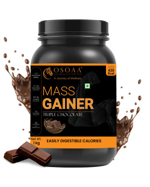 OSOAA 1:3 Lean Mass Gainer 1Kg with Creatine & Whey Protein - 420 Calories & 21g Protein | with Digestive Enzymes, HOSO & 28 Vitamins | Accelerates Muscle Weight Gain | Soy & Gluten Free (Triple Chocolate, 1 KG)