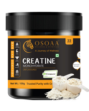 OSOAA Creapure German Certified 100gm Creatine Monohydrate | Creapure Seal for Purity | Micronized Pre & Post Workout Supplement for Muscle Building & Performance – Amino Acid for Muscles & Brain (Unflavoured, 33 Serving)