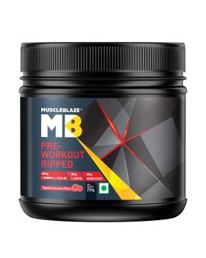 MuscleBlaze Pre Workout Ripped Powder for Adults (Raspberry Lemonade, 250 gm, 27 Servings) 4000 mg Citrulline & L-Arginine, 500 mg L-Carnitine, 500 mg Garcinia Extract