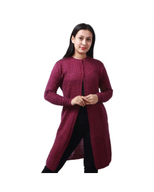 Maroon Woolen Full Sleeve Front Button Design Sweater For Women