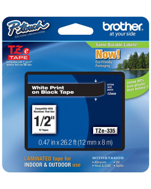 Brother TZe-335 White on Black Labelling Tape – 12mm wide