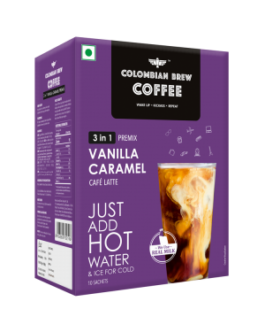 Colombian Brew Vanilla Caramel Café Latte, Instant Coffee Powder Premix (3 in 1), 10 Sachets Box