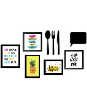 Art Street - Set of 5 Wall wood Photo Frame/Art Prints for Dinning Table, Kitchen or Eating Area with MDF Cutlery and Chalk Board, Black