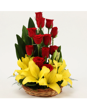 Asiatic Lilies & Red Roses Cane Basket Arrangement Flowers