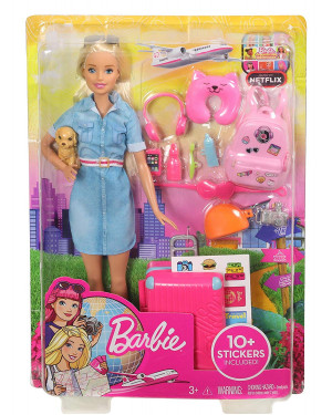Barbie FWV25 Doll and Travel Set with Puppy, Luggage and 10+ Accessories, Multicolour