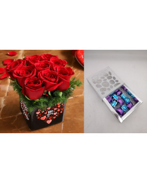 Combo Red Roses In Love You Sticker Vase Flowers+ The Chocolate Garden Silver Chocolate Box