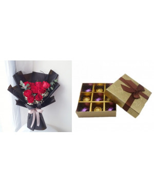 Combo 9 Red Rose Bouquet Flowers + Chocolate Garden 9pcs