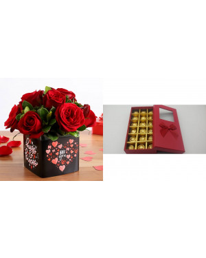 Combo Beautiful Red Roses Bunch In Love You Sticker Vase+ Chocolate Garden 18 pcs