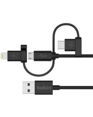 Belkin 3-in-1 Universal Micro USB, USB-C, Lightning Connector Cable 4 Feet (1.2 Meter) - Black - F8J050BT04-BLK