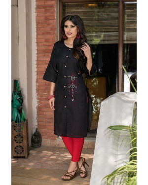 TZU Black Cotton fabric embroidery work stylish straight kurti