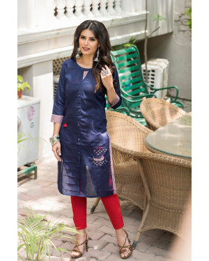 TZU Blue Cotton fabric embroidery work stylish straight kurti