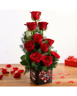 Bunch Of 10 Red Roses In Love You Sticker Vase Flowers