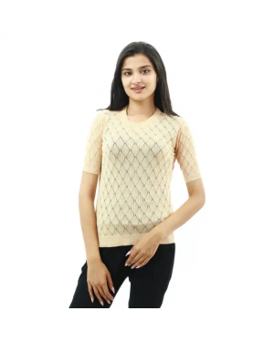Creamy Woolen Round Neck Half Sleeve T-shirt For Women