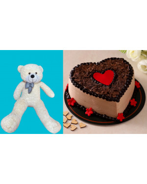 Combo Beautiful 5Ft Chinese Fancy Teddy Bear White + Choco Heart Valentine's Cake