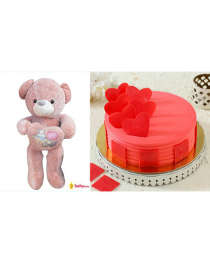 Combo Beautiful 4Ft Chinese Fancy Teddy Bear with Heart Peach + Hearty Strawberry Cake 