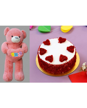 Combo Beautiful 4Ft Chinese Fancy Teddy Bear Pink + Red Hearts Velvet Cake 