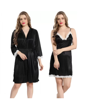 Fancyra - Women Satin Nighty Sleepwear Nightdress Set with Robe Free Size