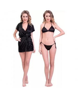 Fancyra - Combo Lingerie Set with Robe and Bikini Bra Panty Free Size Black