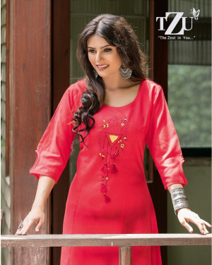 TZU Red Soft Cotton fabric embroidery work stylish straight kurti