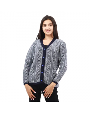 Blue Woolen Full Sleeve Front Button Design Sweater For Women
