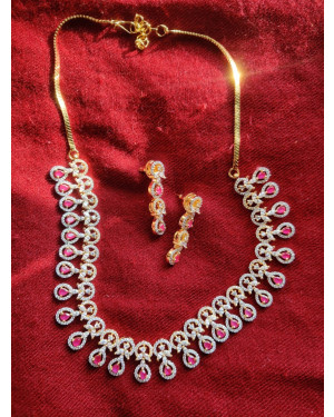 Designer Simple Delicate Gold Plated two toned Ruby AD Necklace Set