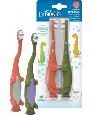 Dr. Brown's Hg089 Toddler Toothbrush, Dinosaur Green and Orange, 2-Pack 