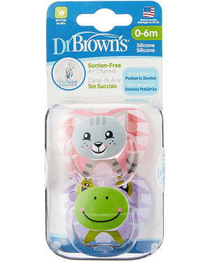 Dr Brown's PV12014-ES Prevent Printed Shield Pacifier - Stage 1 * 0-6M - Girl Animal Faces (Cat and Frog), 2-Pack
