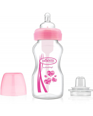 Dr. Brown’s WB9191-P3 9 oz/270 ml PP Wide-Neck "Options" Transition Bottle W/Sippy Spout - Pink, 1-Pack