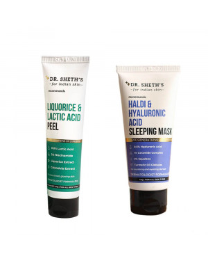 Dr. Sheth’s Exfoliate & Glow Combo (Liquorice & Lactic Acid Peel – 30 gm & Haldi & Hyaluronic Acid Sleeping Mask – 40 gm)