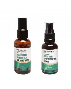Dr. Sheth's Pore Perfection Combo (Vegan) with Niacinamide & Green Tea Calming Toner, 50ml and Neem & BHA Spot Calrifying Serum, 30ml, for Pore Cleansing, Anti Acne, Radiant Skin