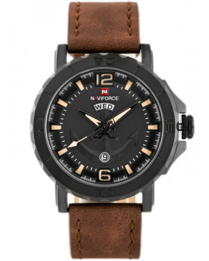 Naviforce Black/Brown Casual Quartz Watch Leather Strap-NF9122 