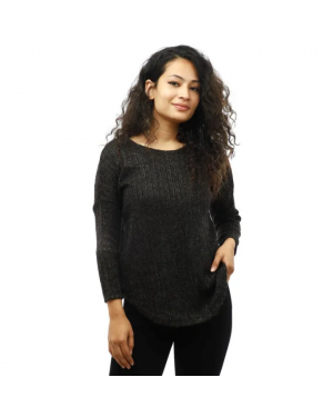 Black Woolen Round Neck Full Sleeve T-shirt For Women
