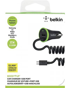Belkin F8M890bt04 Boost Up Dual Port USB Car Charger with Coiled Micro USB Cable (4 Foot) - Black