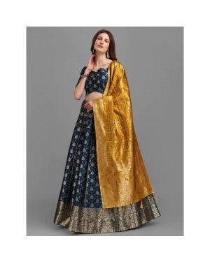 Fancyra - Women Teal Blue and Gold Woven Design Semi Stitched Beautiful Lehenga Choli and Unstitched Dupatta