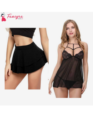 Fancyra - Combo Set of Women Pleated Mini Skirt Solid Ruffle Lingerie Skirts and Lingerie Set Free Size Black Color