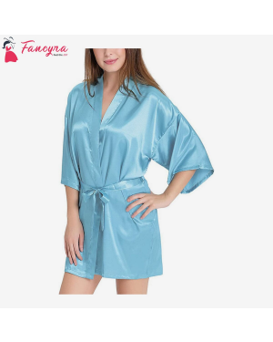 Fancyra - Women Sexy Nightwear Satin Babydoll Belted Kimono Robe Sleepwear Free Size Baby Blue