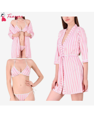 Fancyra - Women's Nightwear Robe Sleepwear with Bra Panty Bikini Set Free Size Pink