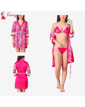 Fancyra - Women Floral Satin Nightwear Robe with Bra Panty Bikini Set Free Size Pink 